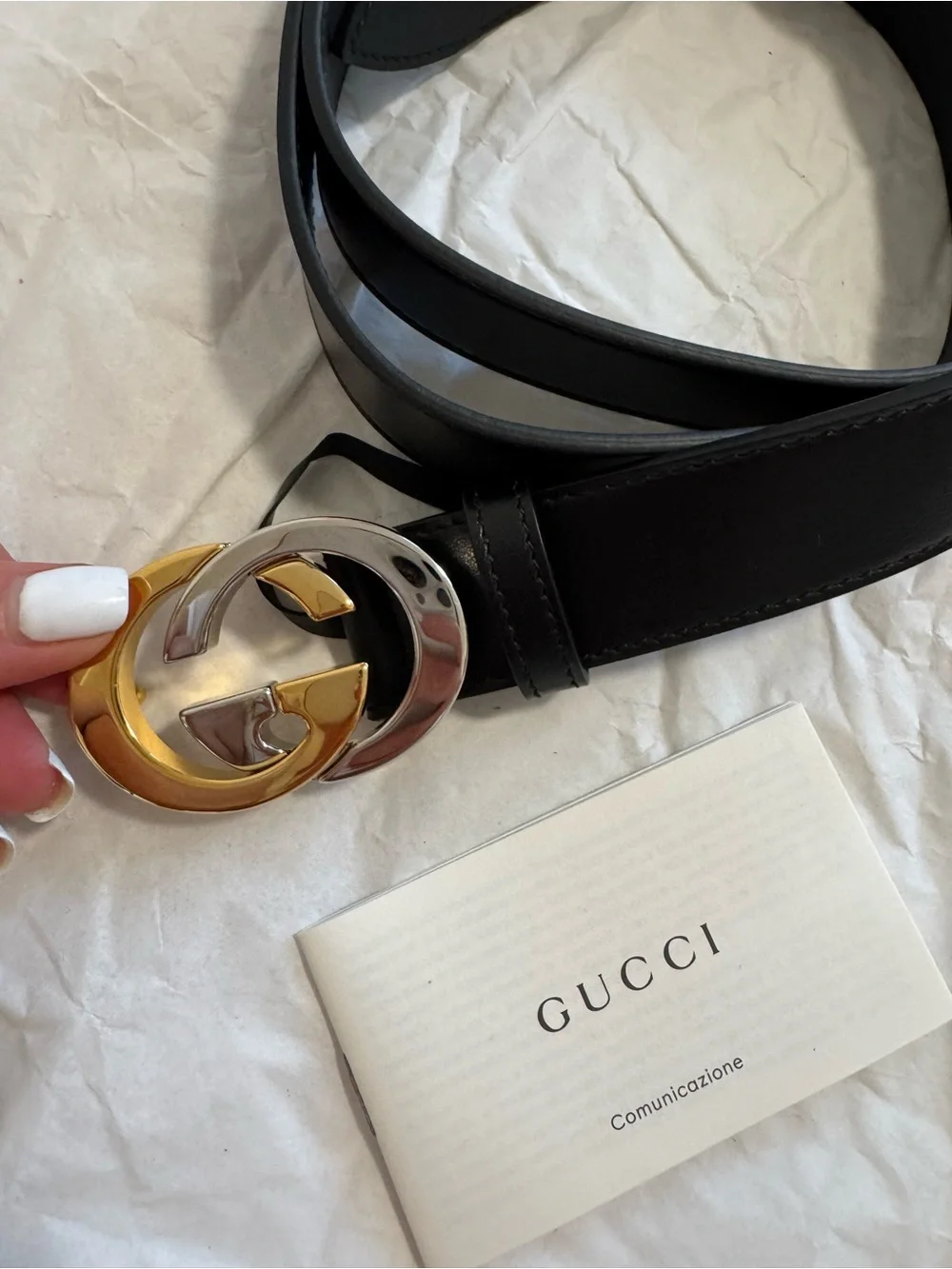 NEW Gucci Interlocking G Black Leather Belt Gold Silver Buckle Style 574807